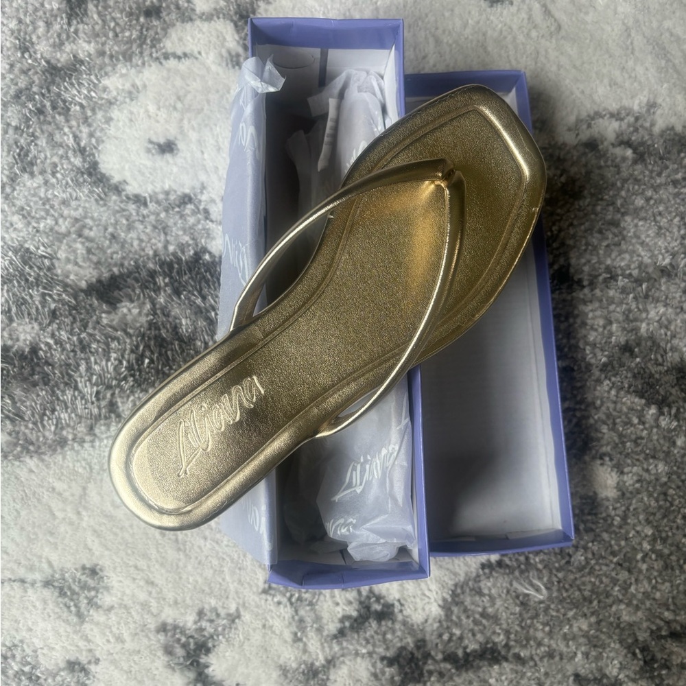 Brand new and in box!  Liliana Los Angeles Gold Tallilah flip flops